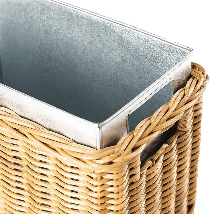 The Basket Lady Large Rectangular Wicker Waste Basket with Metal Liner, 14.5 in L x 9 in W x 18 in H, Sandstone