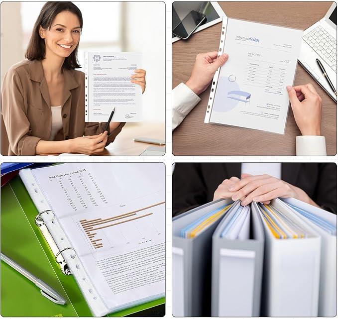 Clear Sheet Protectors 11.89 x 9.17in,100 A4 Punched Pocket,Heavy Duty Binder Sleeves 11-Hole Plastic Page Protectors Sheet Top Loaded for 2/3/4 Ring Binder Fits Standard A4 Paper for Home,Office