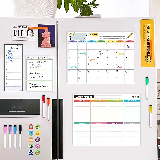 Magnetic Dry Erase 2025 Calendar Kit, 4 Pack Feela Magnetic Whiteboard Calendar for Refrigerator Includes 2 Large 17''x13'' Monthly Chalkboard 1 Grocery List 1 DIY Note for Home Office