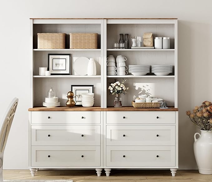 3 Tier Bookshelf with 3 Drawers, 72" Tall Bookcase Large Farmhouse Display Book Case Shelf with 3-Tier Open Book Shelfs，Library Wood Bookshelves for Living Room & Kitchen & Bedroom, Off White, 2 PCS