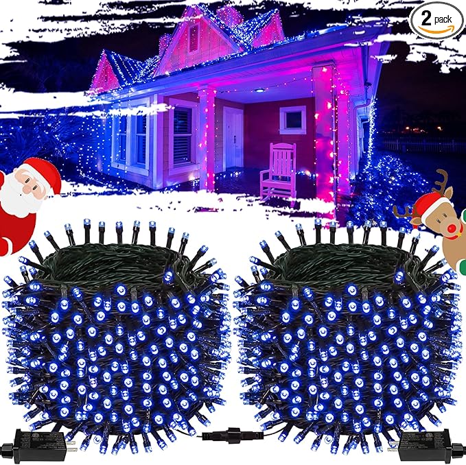2-Pack Connectable Christmas Lights Outdoor, Total 164FT 400LED Christmas String Lights Waterproof with 8 Modes & Timer, Green Wire Twinkle Lights for Xmas Tree Decorations Outdoor Indoor, Blue