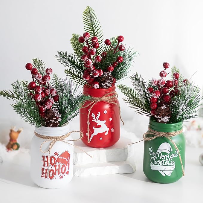 Glasseam Christmas Vases for Table Centerpiece: 3pcs Christmas Decorations Mason Jar with Artificial Flowers - Glass Flower Vases Set for Indoor Fireplace Mantle Home Decor