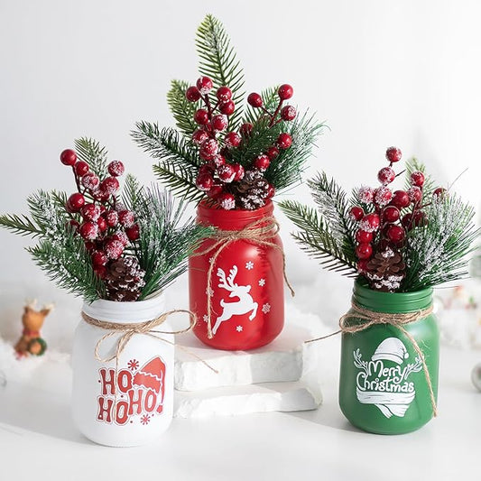 Glasseam Christmas Vases for Table Centerpiece: 3pcs Christmas Decorations Mason Jar with Artificial Flowers - Glass Flower Vases Set for Indoor Fireplace Mantle Home Decor