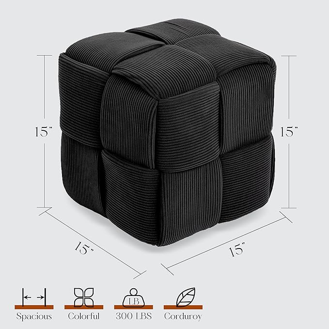 Ottoman Foot Rest Soft and Comfortable Ottoman Square Corduroy Woven Design Sofa Stool (Black)