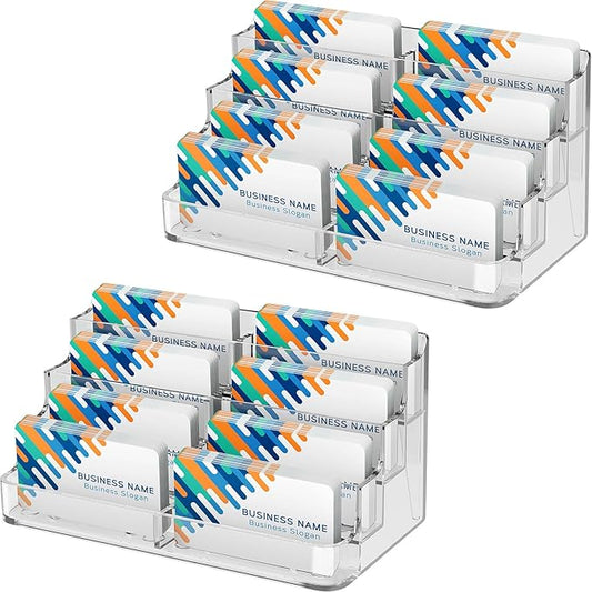 MaxGear Acrylic Business Card Holder for Desk Multiple Business Card Holders, Premium Cards Stand, Clear Plastic Cards Display Holder with 4 Tier for Exhibition, Home and Office, 8 Pocket, 2 Pack