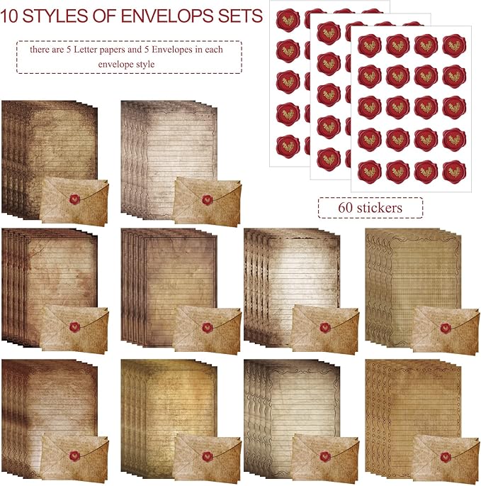 TaoBary 160 Pcs Stationery Paper Set 50 Double Sided Stationery Papers with 50 Matching Envelopes and 60 Round Dot Sticker, 10 Design(Vintage Antique,5.5 x 8.25 Inch)