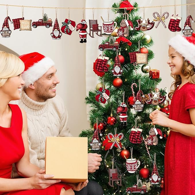 Huwena 36 Pcs Christmas Wooden Ornaments Red Black Christmas Decorations for Tree Snowman Gnomes Poinsettia Flowers Truck Wreath Wood Cutouts Tags with Ropes Winter Decor for Xmas Tree Gifts