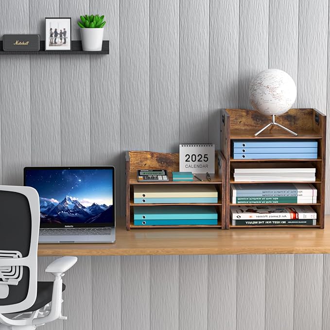 5-Tier Wood Paper Organizer, File Holder for Desk With Handle - Wooden Paper Letter Tray, Desk Organizer and Accessories, File Cabinet for Home Office, School