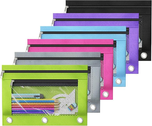 DoDoMagxanadu Binder Pencil Pouches, Pencil Pouch for 3 Ring Binder, Double Pocket Clear Window Pencil Case for Binder, Zippered Pencil Pouches with Rivet Enforced 3 Ring, 12 Pack