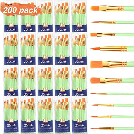 ESRICH Paint Brushes Set,20 Packs 200 Pcs Acrylic Paint Brush Set,Acrylic Oil Watercolor, Face Nail Art, Miniature Detailing,Rock Painting,Painting Artist Professional Kits(Green)