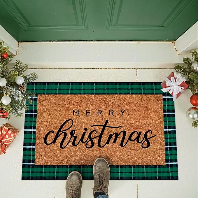 KIMODE Christmas Buffalo Plaid Front Door Mat, 24"x36" Cotton Woven Black and Green Checkered Outdoor Rug, Farmhouse Washable Doormat Outside Entrance for Porch Entryway Kitchen