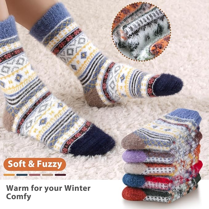 ICEIVY 5 Pair Fuzzy Cozy Socks for Women - Warm Comfy Soft Casual Home Sleep Winter Wool Socks - Gifts for Women