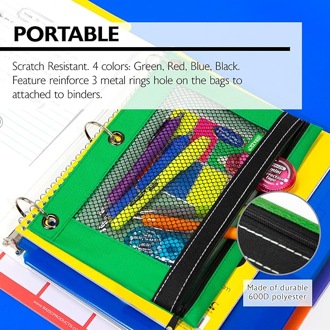 BAZIC Pencil Pouch 3 Ring Binder Pouch w/Rivet Enforced Rings Holes, Assorted Color Mesh Window Zipper Pouches, 24-Pack