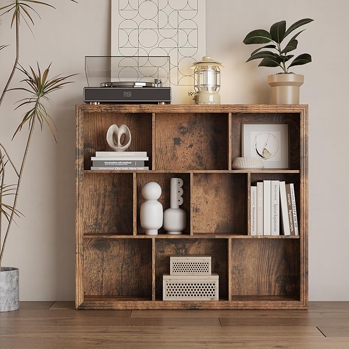 Wooden 10-Cube Storage Organizer, 3-Tier Bookshelf, Wood Brown Bookshelf, Bookcase, Cubical Storage Shelf with 3 Removable Back Panels for Bedroom Home and Office (Brown)