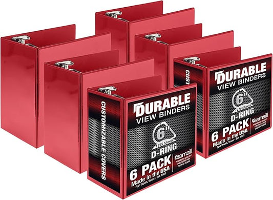 Samsill Durable 6 inch 3 Ring Binder, Made in USA, Locking D Ring FSC 100% Recycled Chipboard, Red, 6 Pack