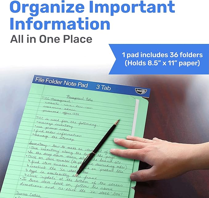 Find It File Folder Notepad - Pack of 36-9.5 x 12.5 Inch Notebook Organizer Folders for Filing, Document, and Clipboard Organization - Green