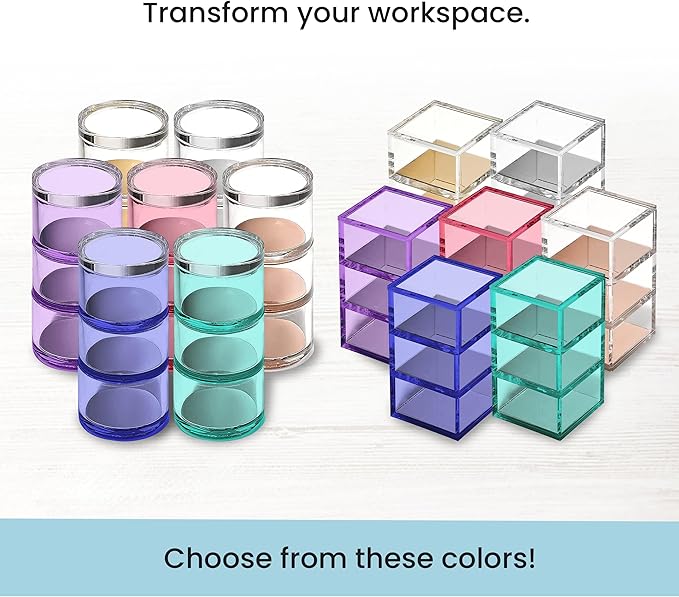 OfficeGoods 3-Tier Stackable Acrylic Holder- Stylish Desk Organizer and Storage for Office or Home – Transparent Round Design, Blue with Silver Metal Base