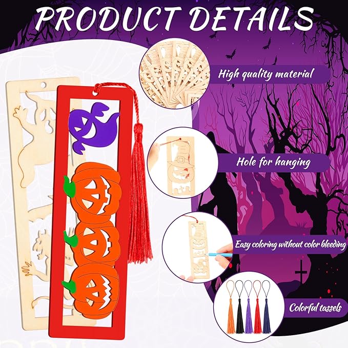Yexiya 200 Pcs Halloween DIY Wood Bookmarks Kit Unfinished Color Your Own Hollow with Tassel 100 Set Back to School Art Ghost Spider Skull Pumpkins Supplies for Students Thanksgiving Reward Fillers
