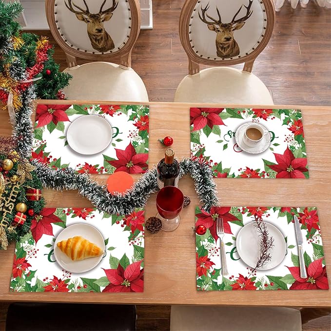 50 Pack Christmas Velvet Poinsettia Paper Placemats,16x 11 Inch Red Poinsettia Flower Disposable Placemats Poinsettia Golden Tablemats for Kitchen Dining Winter Holiday Christmas Party Supplies