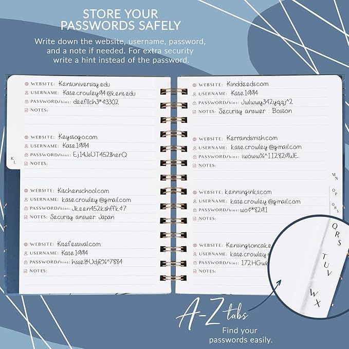 PLANBERRY Password Book Premium – Alphabetized Internet Address Organizer with A-Z Tabs – Website & Computer Password Keeper with Alphabetical Tabs – 6.2x7.7″, Hardcover (Ocean Depths)