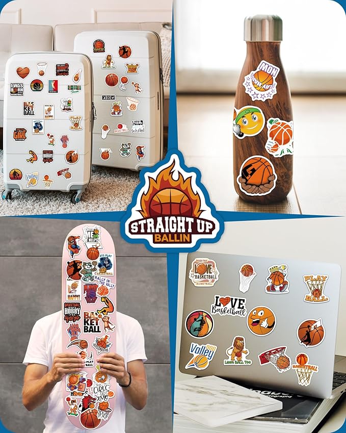100 Pcs Sport Stickers for Kids, Basketball Water Bottle Stickers, Vinyl Waterproof Laptop Sticker for Water Bottle, Bulk Sticker Packs for Boys Kids Classroom Prizes for Elementary Students