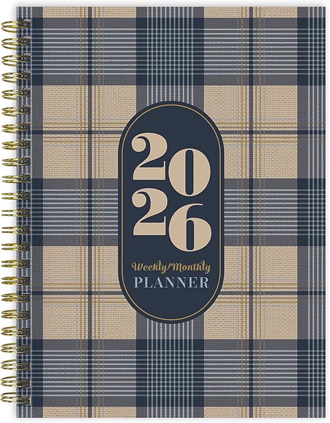 TF Publishing 2026 Classic Plaid Medium Weekly Monthly Planner with 12-Month Calendar Grid, Notes, and Priorities Section - Weekly Schedule Planner with Habit Tracker and Stickers - 6.5in x 8in