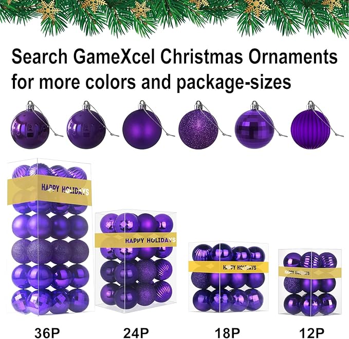 18Pcs Christmas Balls Ornaments for Xmas Tree - Shatterproof Christmas Tree Decorations Medium Hanging Ball Purple 2.5in x 18 Pack