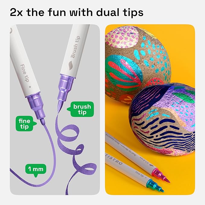 ARTISTRO Dual Tip Acrylic Paint Markers - Easy for All Ages & Levels Acrylic Paint Pens for Fabric, Rocks, Paper, Wood, Canvas, Glass, DIY (Dual Tip Metallic, 24)