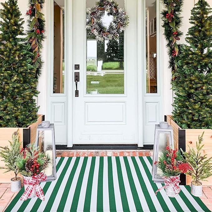 CAINANEL Christmas Outdoor mat 3' x 5' Green and White Striped Outdoor Rug Front Porch Rug,Christmas Home Decor, Layerd Welcome Doormat for Front Porch Decor, Front Door, Farmhouse Decor