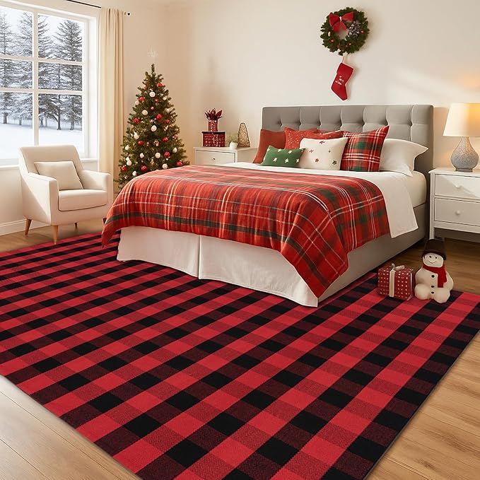 Ckorzen Red and Black Plaid Rug, 8' x 10' Christmas Front Porch Outdoor Rug, Handwoven Cotton Washable Rug for Layered Door Mats, Holiday Entryway and Home Décor