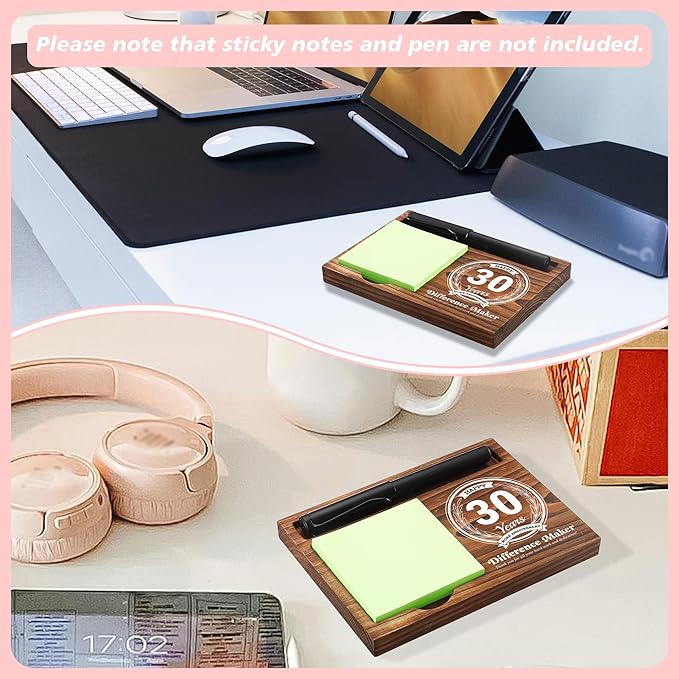 30th Work Anniversary Sticky Note Holder Wooden Notepad & Pen Holder 6.5" x 4.7" Sticky Note Pad Holder Dispenser for Desk Difference Maker Work Appreciation Gifts, NPA232
