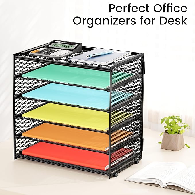 2 Pack 6 Tier Paper Organizer, Metal Mesh Desk File Folder, Letter Tray Organizer, Paper Sorter Desk Organizers for Office, Home or School File Folder Holder - Black