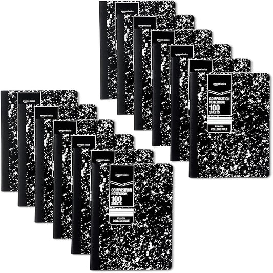 Amazon Basics Composition Notebook, College Ruled, 100 Sheets, 9.75" x 7.5", 12 pack, Marble Black