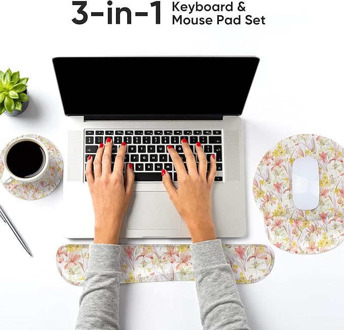 RICHEN Wrist Rest Support for Mouse Pad&Keyboard Set, 3-in-1 Computer Mousepad,Keyboard Wrist Rest and Coaster Set, Non-Slip Keyboard Wrist Rest and Mouse Pad Set Ergonomic Design (YKMWR-63)