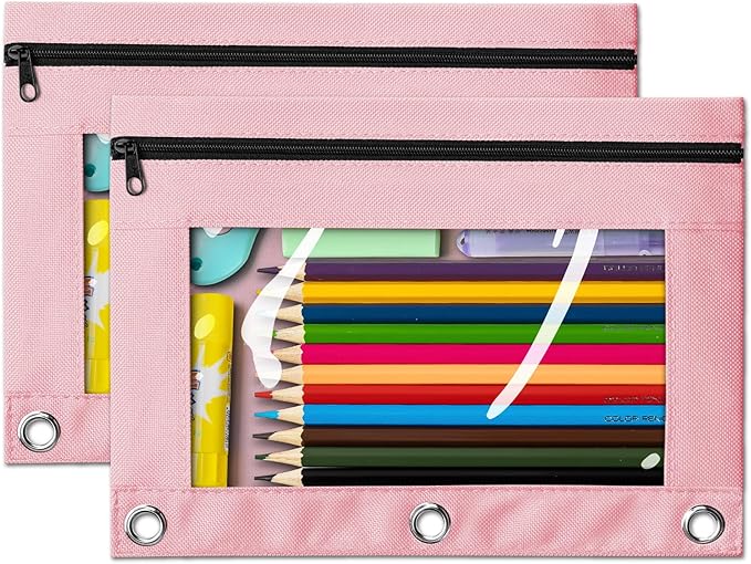 V-Opitos Pencil Pouch for 3 Ring Binder, 2 Pack Pink 3-Holes Zipper Pencil Pouches, Sturdy and Durable Cloth Pencil Case with Clear Window for Office School College Supplies