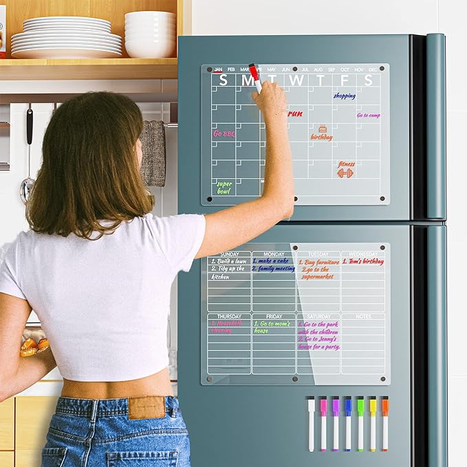 Acrylic Magnetic Dry Erase Board Calendar for Fridge, Clear Monthly and Weekly Planner Whiteboard for Refrigerator, w/ 8 Colors Markers, 15"x11"