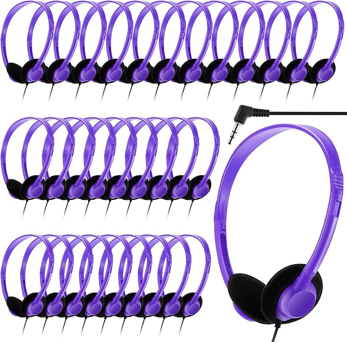 Yunsailing 30 Pack Class Set Headphones for Students Bulk School Headsets Earphones with 3.5mm Jack Classroom Must Haves Teacher Supplies for Adults Laptop Computer(Purple)