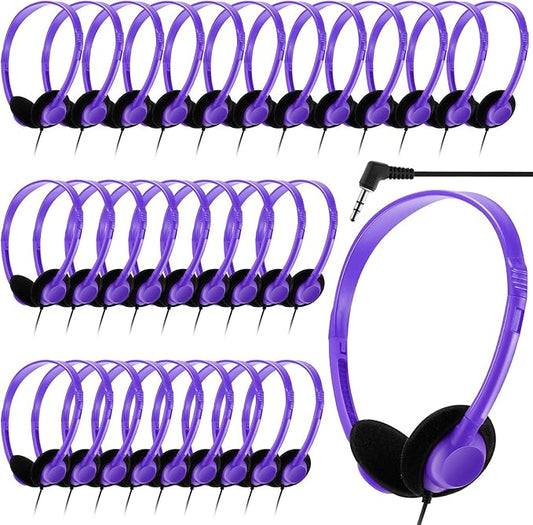 Yunsailing 30 Pack Class Set Headphones for Students Bulk School Headsets Earphones with 3.5mm Jack Classroom Must Haves Teacher Supplies for Adults Laptop Computer(Purple)