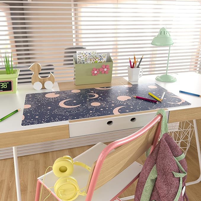 Colorful Star Starry Sky Large Mouse Pad, Celestial Moon and Sun Extended Gaming Mouse Pad Non-Slip Desk Mat, Leather Blue Keyboard Mat for Desktop Gaming Mousepad Accessories 31.5"x15.7"