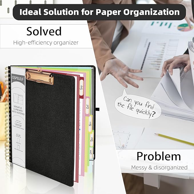 Ospelelf Black Foldable Spiral Clipboard Folio with Storage Zipper Pouch, 5 Plastic Folders with 10 Pockets,Refillable Lined Notepad (11" x 8.5"), Hardcover Project Organizer with 39 Stickers