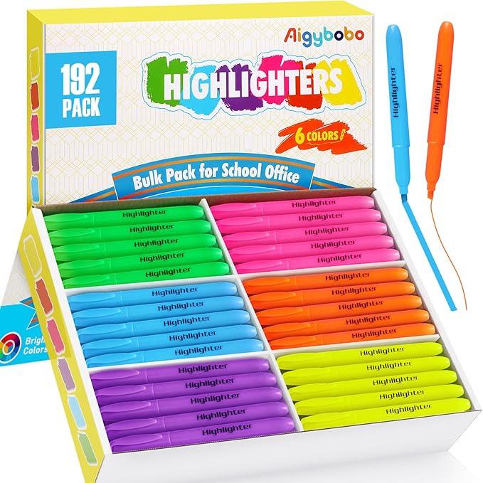 Aigybobo 192 Pack Highlighters in 6 Assorted Colors, Chisel Tip Dry-Quickly Highlighters Bulk, No Bleed Highlighter Markers for Kids Adults, Classroom Teachers Must Haves, School Office Supplies