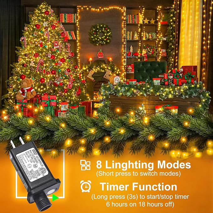 2 Pack Christmas Lights Outdoor, Total 200FT 600LED Christmas Tree Lights with 8 Modes Waterproof, Warm White String Twinkle Lights Green Wire for Indoor Patio Garden Xmas Holiday Decorations
