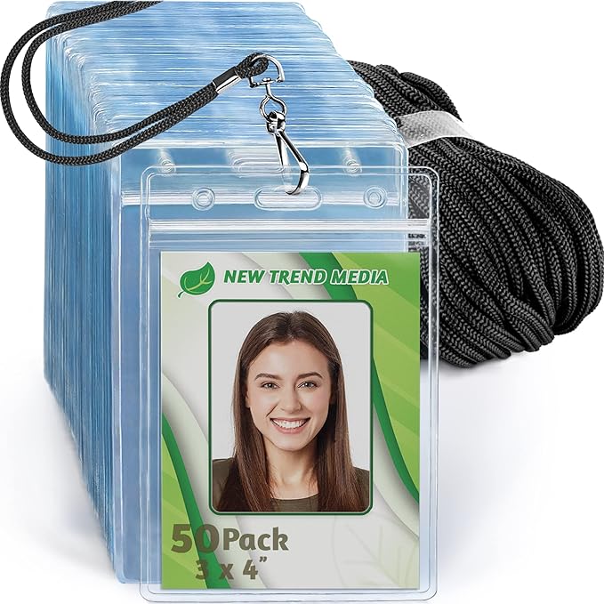 EcoEarth - 3x4 Vertical ID Badge Holder with Lanyard - Premium 50 PK, Black - Bulk Name Badge Holder and Lanyards Set - Clear Card Identification Tag Set