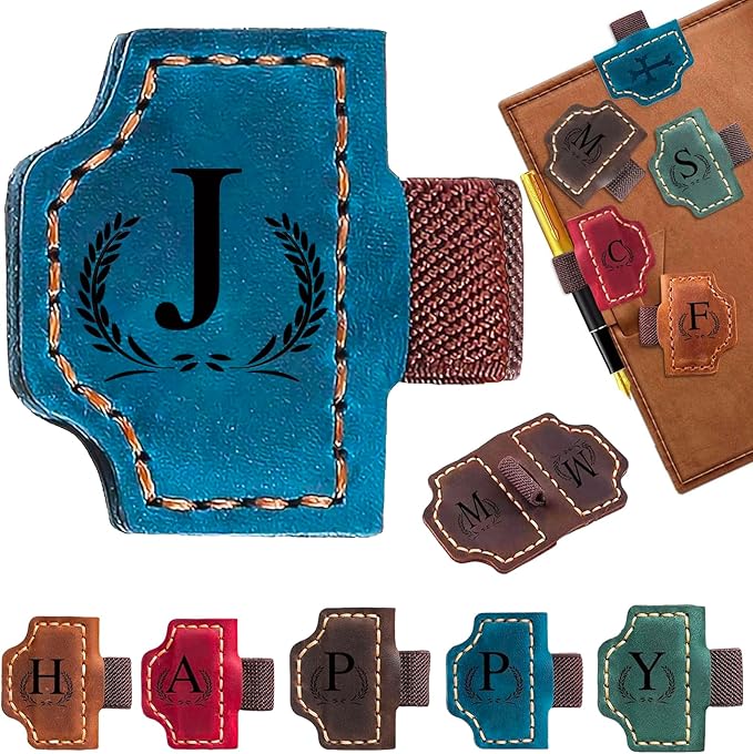 Custom Bygone Mark Bookmark with Pen Holder, 26 Letters Name Initial Personalized Magnetic Leather Bookmark, Gifts for Book Lovers, Readers, Travelers, Leather Book Marks (Blue, J)