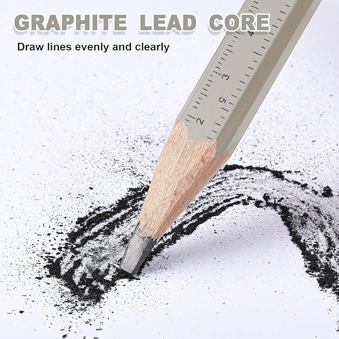 Honoson 200 Pcs Flat Construction Pencils with Printed Ruler Wood Graphite 2 Pcs Carpenter Pencil Sharpener for Woodworking Marking Tool(White)