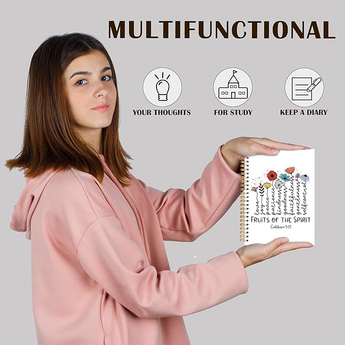 Qabliqo Fruit of the Spirit Christian Spiral Notebooks, Galatians 5:22 Bible Journals for Writing, Religious Scripture Journal for Women, Floral Bible Notebook for Note Taking, 5.5x8.3 Inch