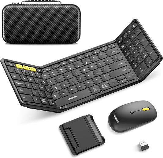 Foldable Keyboard and Mouse, Samsers Folding Bluetooth Keyboard Combo, 2.4G + BT5.0 x 2, Full-Size Portable Travel Keyboard & USB-C Rechargeable Wireless Mouse for iOS Android Windows Mac OS