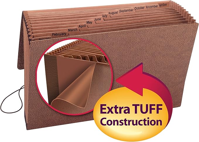 Smead TUFF Expanding File, 12 Pockets, Monthly (Jan.-Dec.), Flap and Cord Closure, Legal Size, Redrope (70390)
