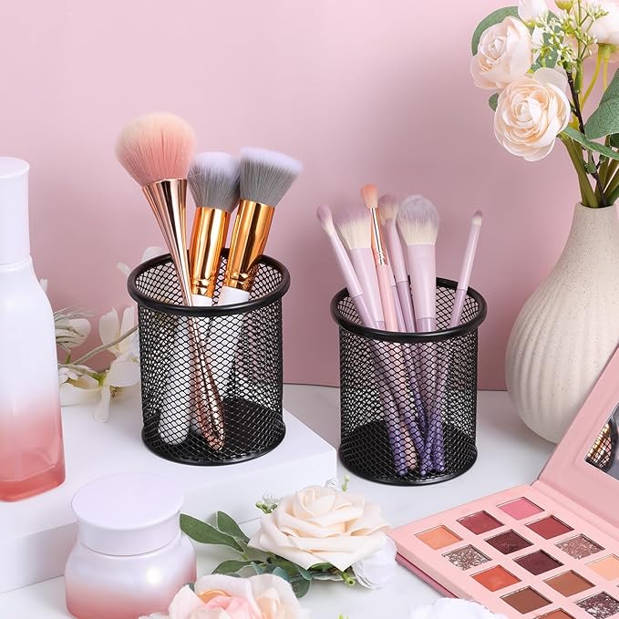 8 Pack Pen Holder for Desk, Black Metal Mesh Pencil Holders Small Trash Can Desktop Pen Holder Desk Accessories & Workspace Organizers for Home, Office, 3.8’’ Tall