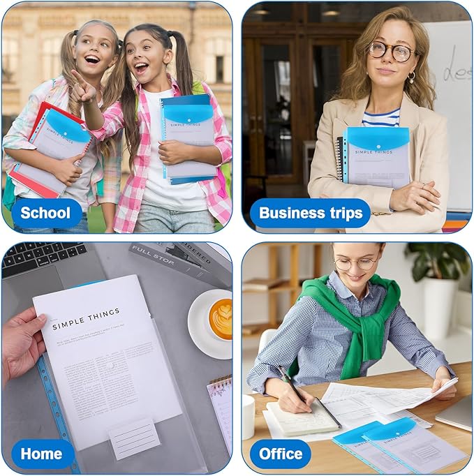 18 Pcs Binder Pocket Organizer Folders, Expandable Folders Plastic Envelopes Binder Folders with 11 Holes for 2/3/4 Ring Binder, Document Pouch with Snap Button and Label for School Office Home
